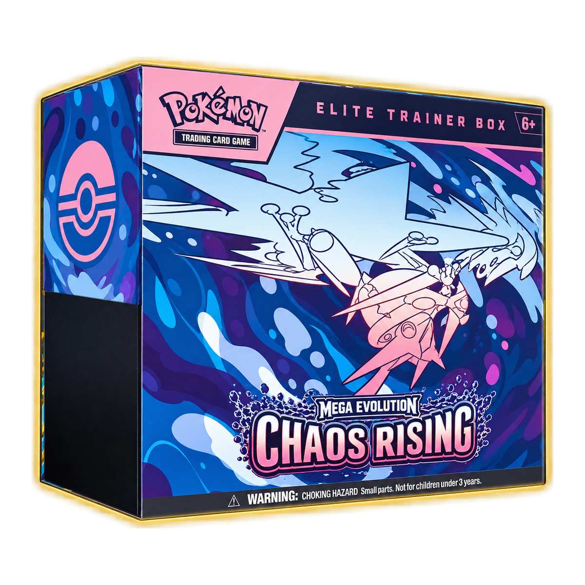 Chaos Rising ETB – transparentné PNG, jemný zlatý glow, 1400 × 1400