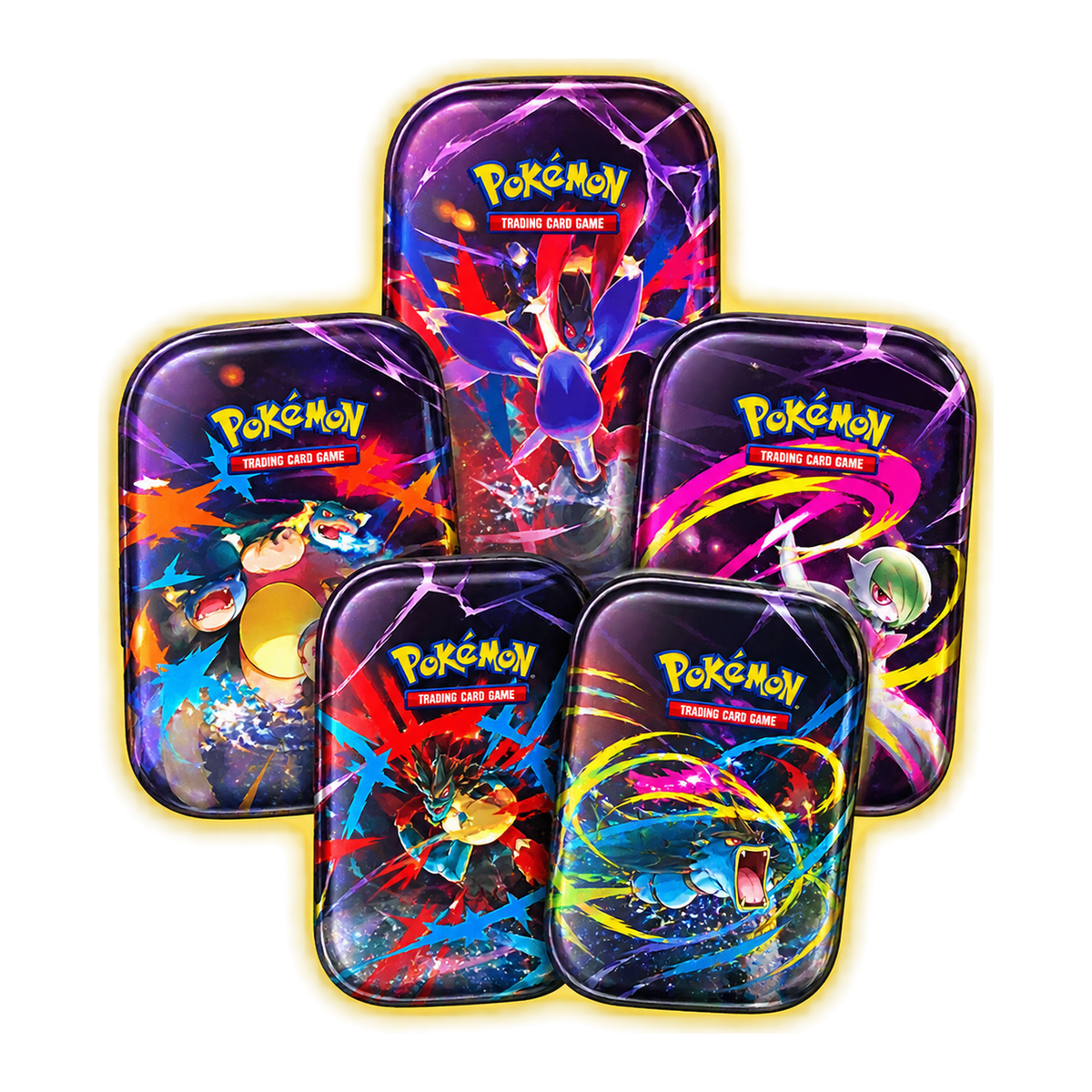 Mega Heroes Mini Tin Display – transparentné PNG, jemný zlatý glow, 1400 × 1400