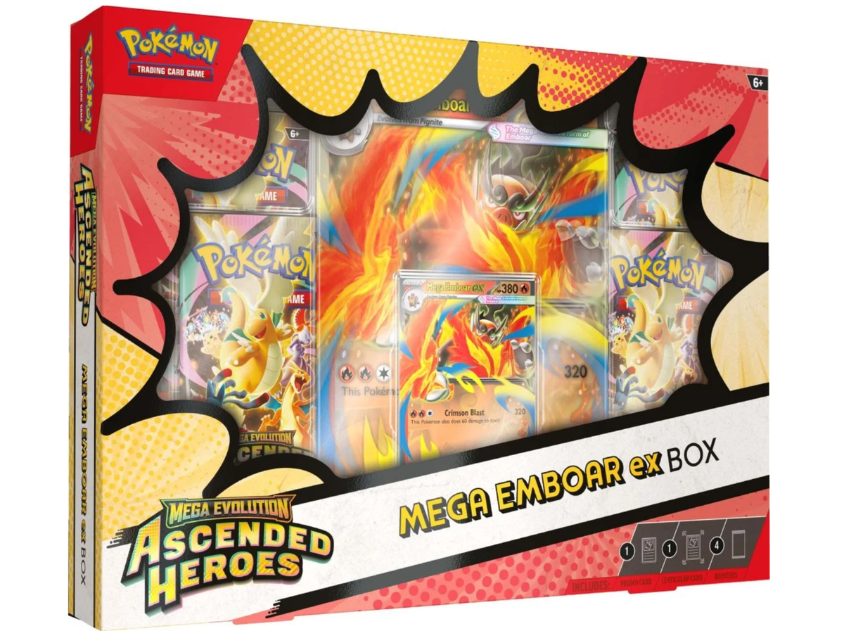 Pokémon TCG – Ascended Heroes – Mega Emboar ex Box – kompletný produkt v anglickom jazyku